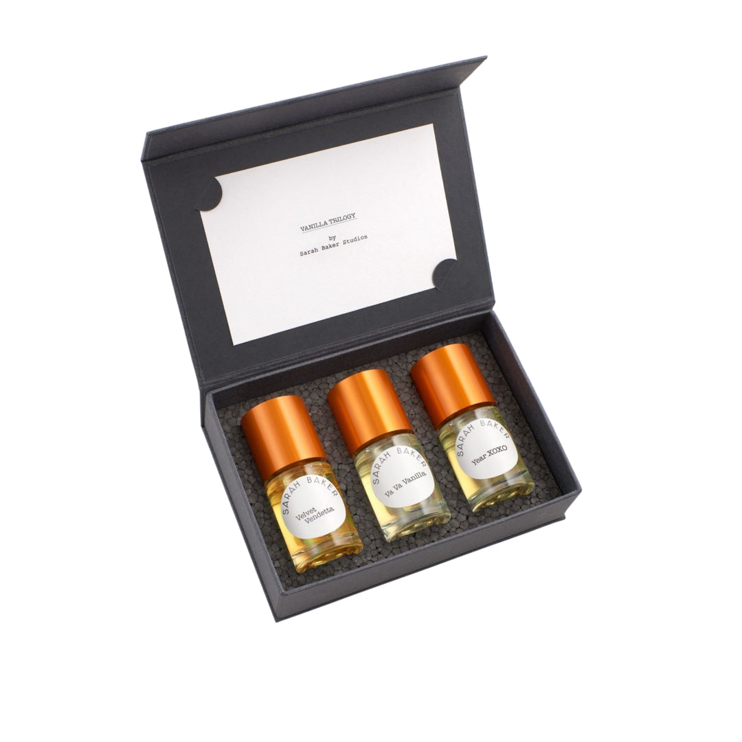 Open A Vanilla Trilogy presentation box with three Sarah Baker perfume bottles.